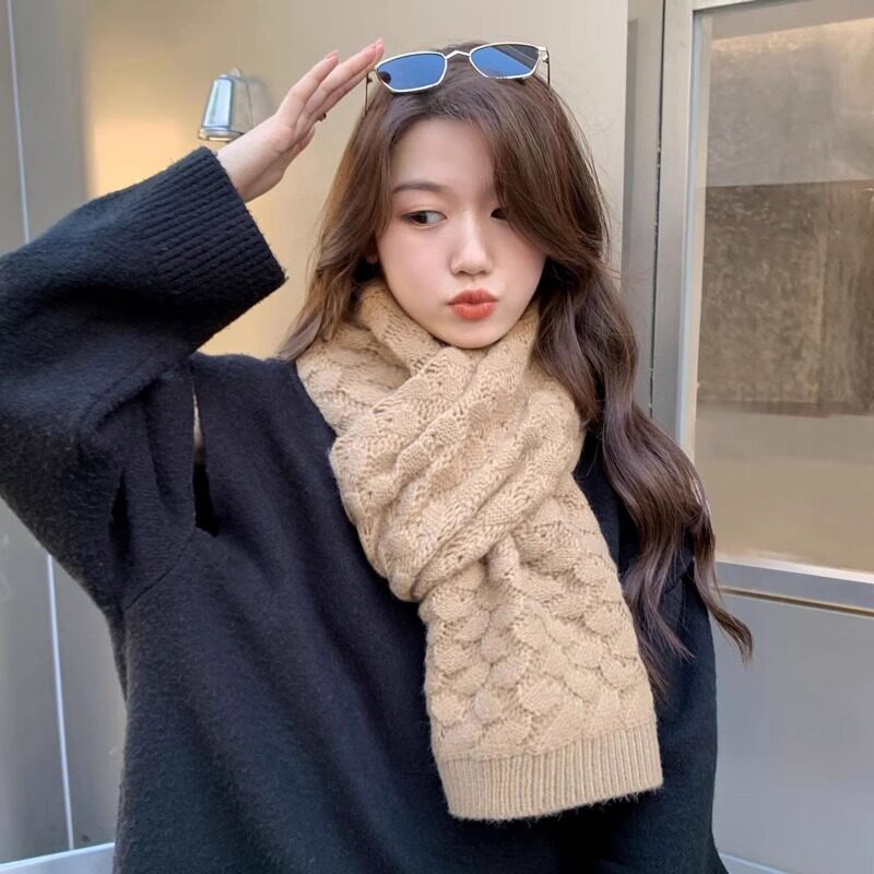 驼色纯色针织粗毛线长围巾女冬季加厚韩版百搭黑色保暖围脖秋冬