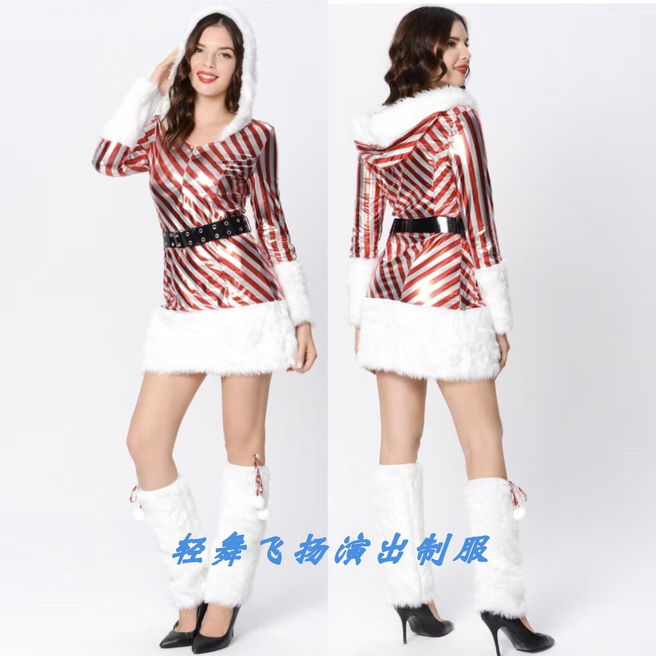 新款圣诞节长毛服装 红白条纹圣诞雪人裙 毛毛圣诞装舞台演出服