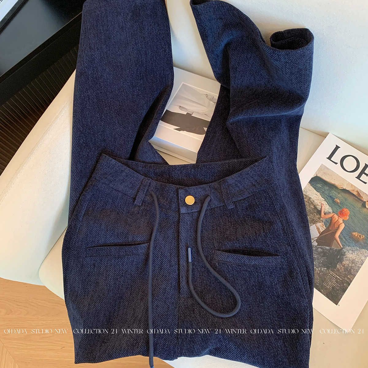 韩系藏蓝色灯芯绒抽绳休闲裤女春季季高腰直筒阔腿裤小个子拖地裤