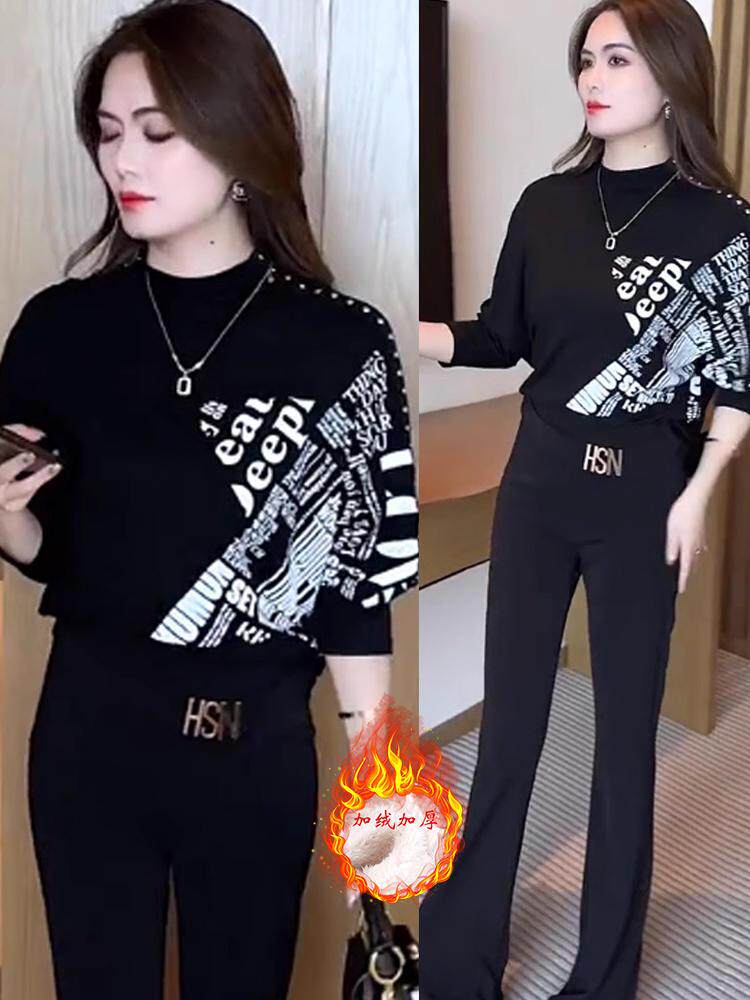 洋气印花T恤休闲裤套装女2023新款早秋长袖蝙蝠衫微喇叭长裤两件