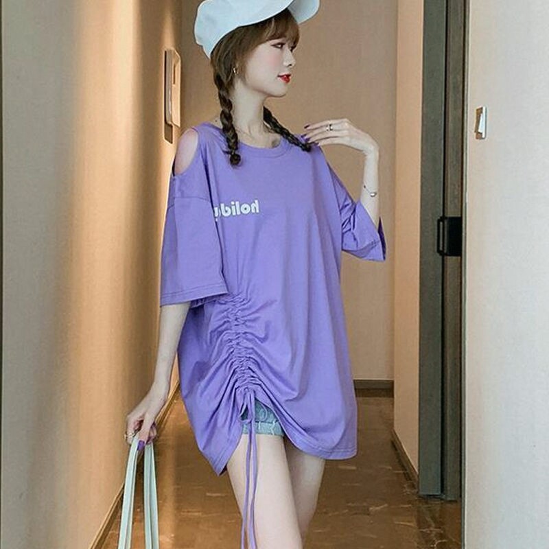 露肩抽绳短袖紫色T恤女2024夏季新款学生宽松小心机设计感上衣ins