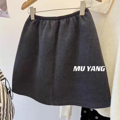 高级灰色毛呢高腰a字半身裙2025早春显瘦百搭短裙松紧腰包臀裙女