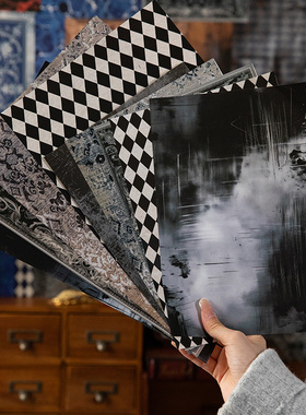 黑色童话大尺寸手帐素材纸复古巴洛克花纹痛包手账拼贴装饰打底纸