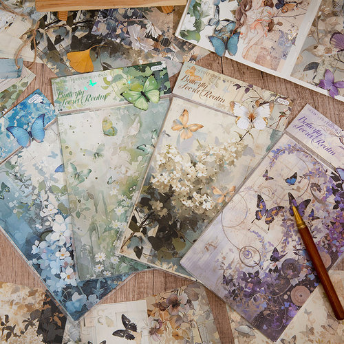 蝴蝶秘境手帐素材纸复古蝴蝶花朵手账拼贴造景装饰打底纸背胶纸