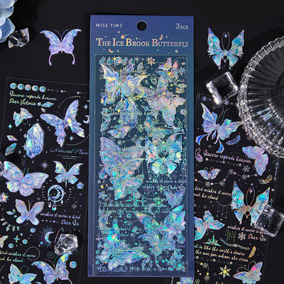 冰溪羽蝶PET立体烫金手账贴纸蝴蝶英文盐系咕卡手帐拼贴装饰素材