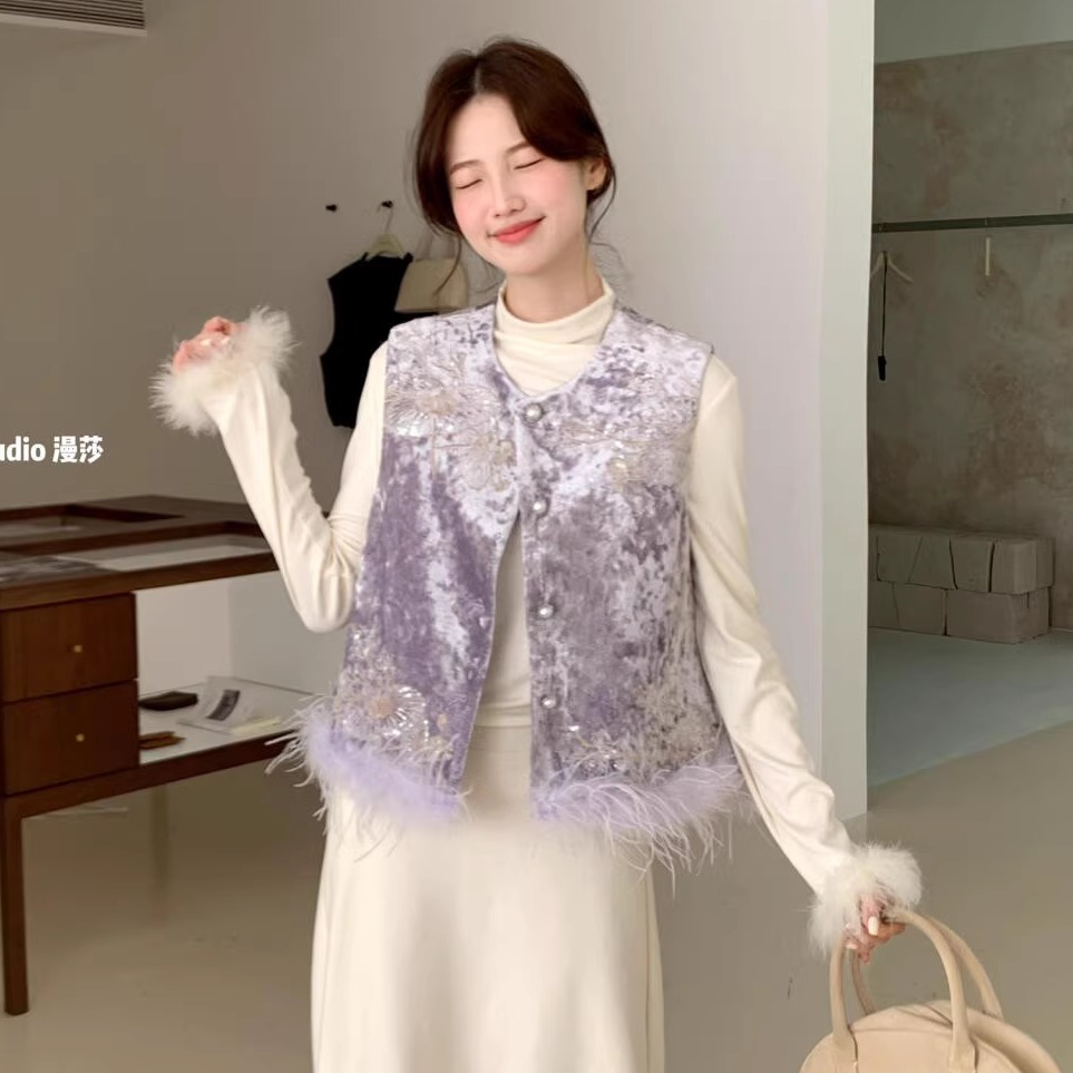 新中式重工丝绒刺绣羽绒马甲冬