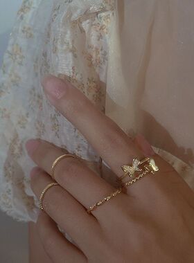 素圈蝴蝶戒指套装组合女简约冷淡风开口可调节食指戒时尚个性