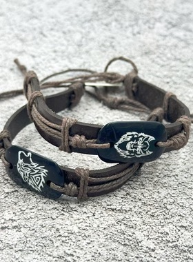 速卖通热销地摊货源狼头狮子塑脂牛骨可调节复古编织牛皮手链