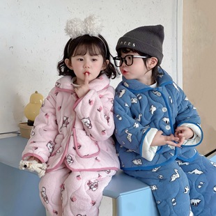 儿童法兰绒夹棉家居服套装冬季男女童宝宝加绒加厚保暖可外穿睡衣