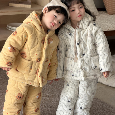 儿童三层夹棉睡衣套装冬季男女童加厚家居服冬款宝宝加绒保暖睡衣