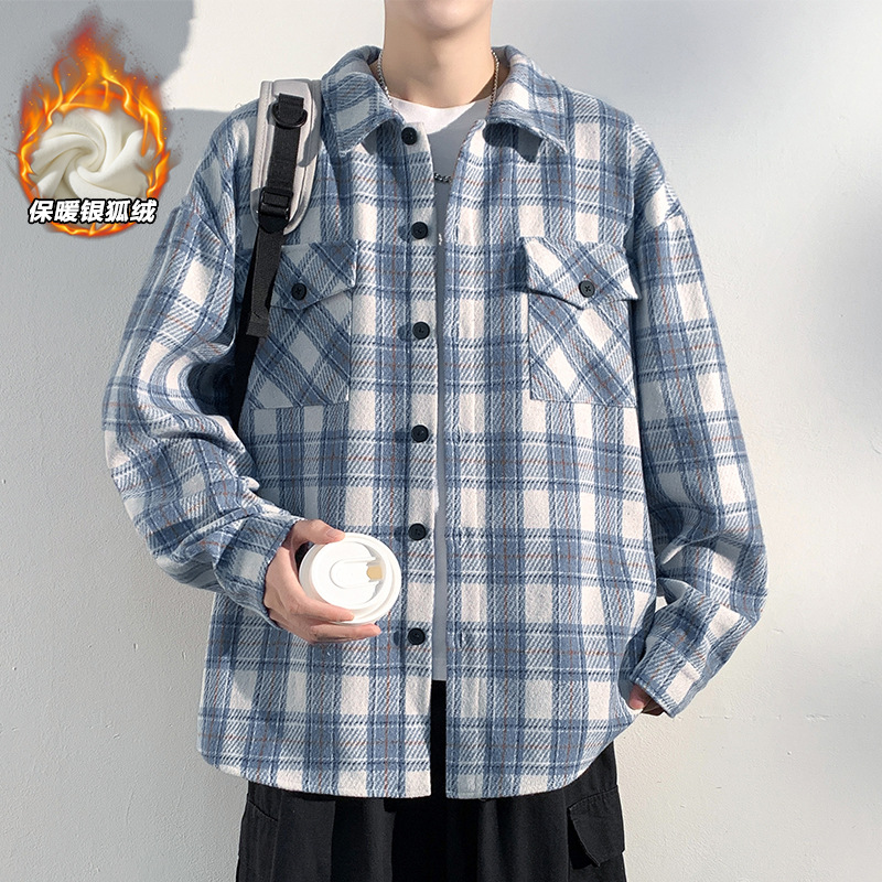 抗寒舒适银狐绒潮流毛呢格子衬衫重磅480g男加绒