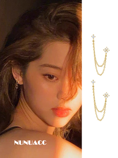 一体式 流苏链条s925纯银耳钉长款 花朵锆石耳环 欧阳娜娜同款 NUNU