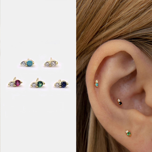 睡觉不用摘绿松石s925银穿刺耳骨钉小众高级感彩色锆石耳蜗钉耳饰