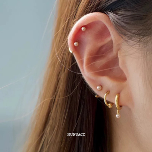 NUNU睡觉免摘mini珍珠耳骨环耳蜗钉小耳朵耳圈S925纯银养耳洞耳饰