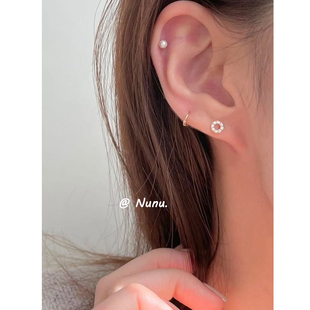 NUNU 睡觉免摘锆石圆圈耳骨钉mini素圈耳骨环珍珠耳蜗钉叠戴耳饰