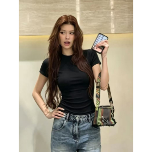 春夏秋新款黑色短袖T恤女修身显瘦收腰紧身弹力内搭百搭打底上衣