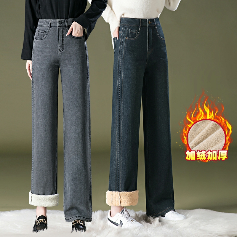 复古高腰加绒加厚牛仔阔腿裤女