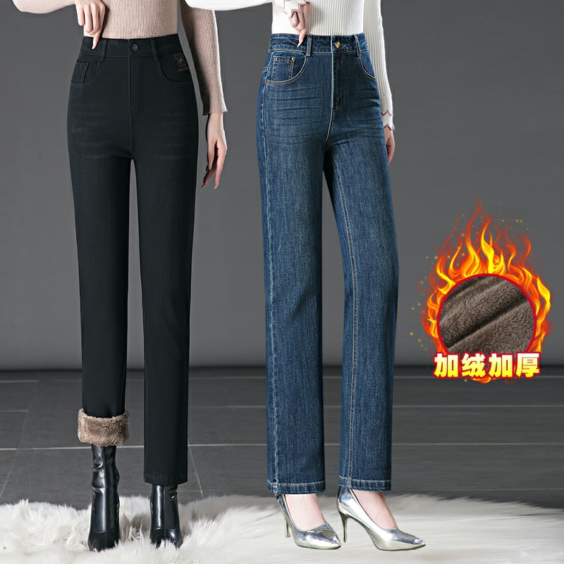 复古加绒加厚牛仔直筒裤女