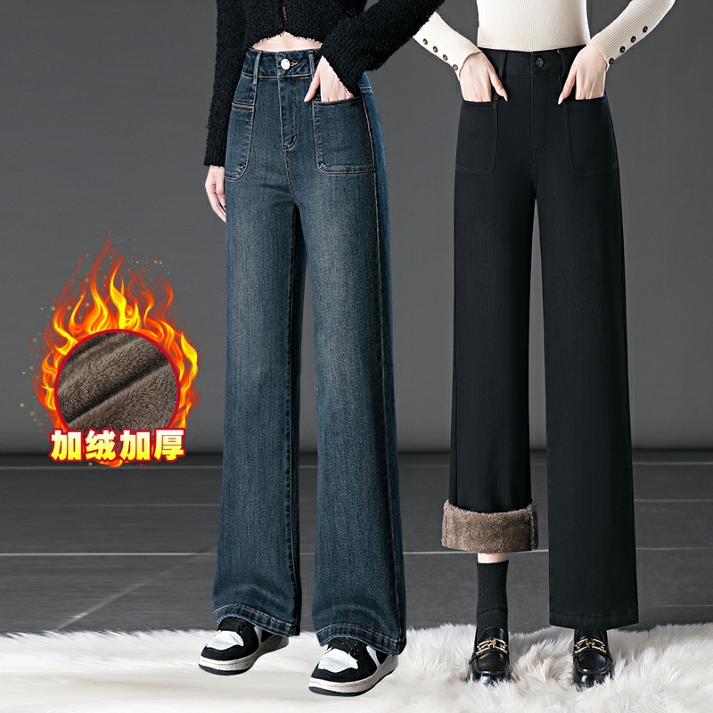 时尚加绒加厚阔腿裤女牛仔裤2024冬季新款韩版小个子宽松显瘦长裤