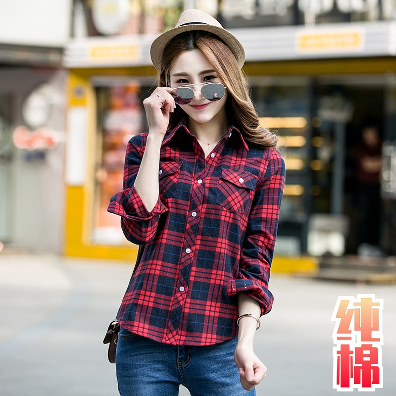 2025修身春秋新款韩版格子衬衫女长袖纯棉衬衣磨毛衫女装学生外套