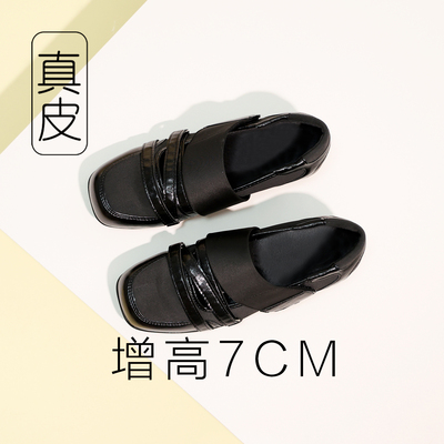 7cm厚底玛丽珍鞋运动风芭蕾鞋内增高单鞋黑色乐福鞋方头小皮鞋
