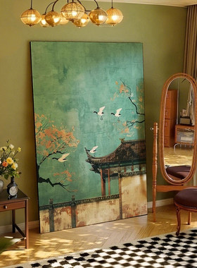 新中式装饰画中式复古建筑禅意挂画餐厅绿色中古客厅玄关卧室壁画