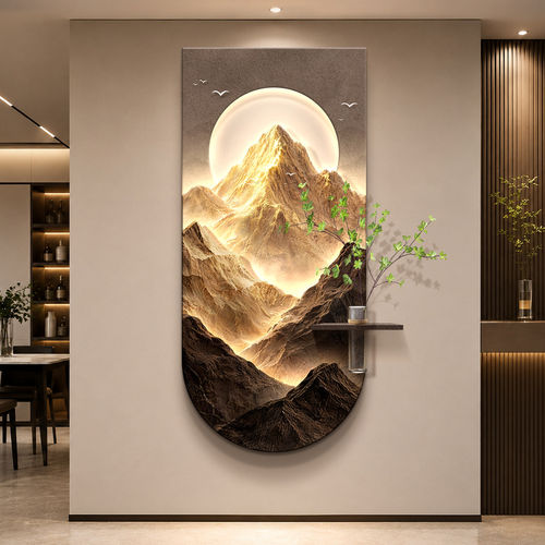 背靠金山玄关装饰画现代轻奢走廊尽头挂画水培绿植入户门立体灯画