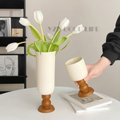 法式 饰品 复古高脚陶瓷花瓶实木底摆件简约客厅插花摆设花艺摆件装