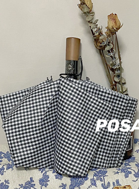 msho 黑白格禁欲系全自动折叠ins雨伞黑胶防晒晴雨男女两用复古伞