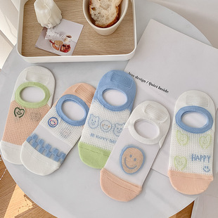 薄款 船袜女日系卡通可爱笑脸刺绣袜子夏季 透气硅胶防滑学生隐形袜