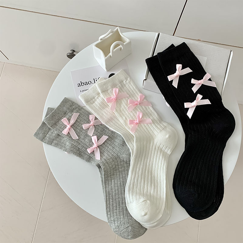 袜子女少女粉色甜美蝴蝶结中筒袜春夏薄款韩系女生温柔百搭堆堆袜
