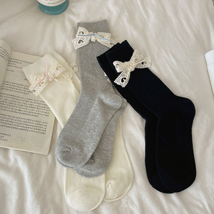 爱心镂空甜美蝴蝶结袜子女ins秋冬新款 法式 韩系少女感奶白色堆堆