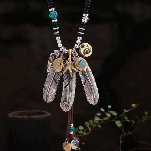 手工银高桥风格羽毛项链男明星同款复古毛衣链男女个性