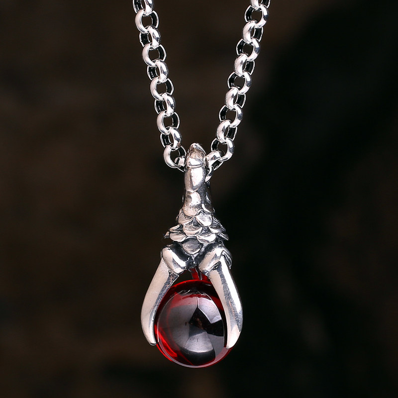 925银项链男潮嘻哈龙爪红色宝石吊坠个性韩版复古图腾龙男士项链