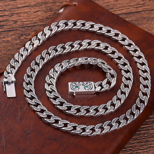 ins嘻哈粗款 潮时尚 925纯银复古项链毛衣锁骨链 个性 虎纹古巴链男士