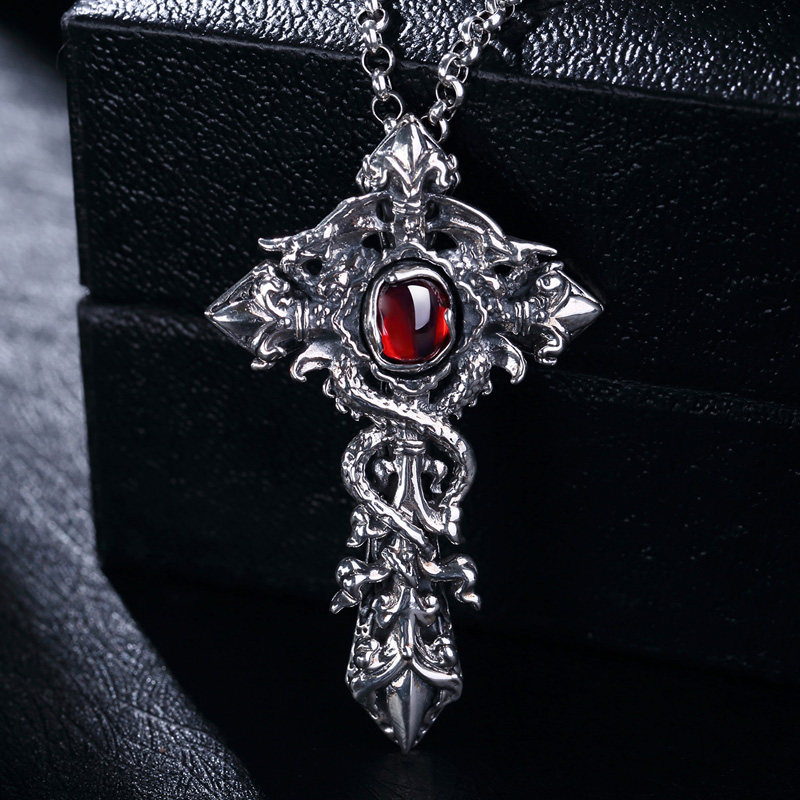 s925银饰品复古泰银双龙十字架红色石项链吊坠男士首饰潮男项坠