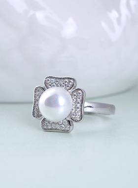 925银天然珍珠满钻指环时尚饰品