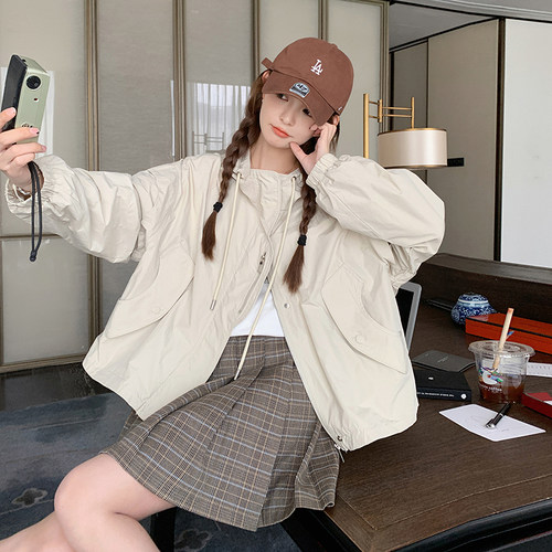 米白色连帽短款外套女2023春秋新款小个子百搭韩版宽松夹克棒球服