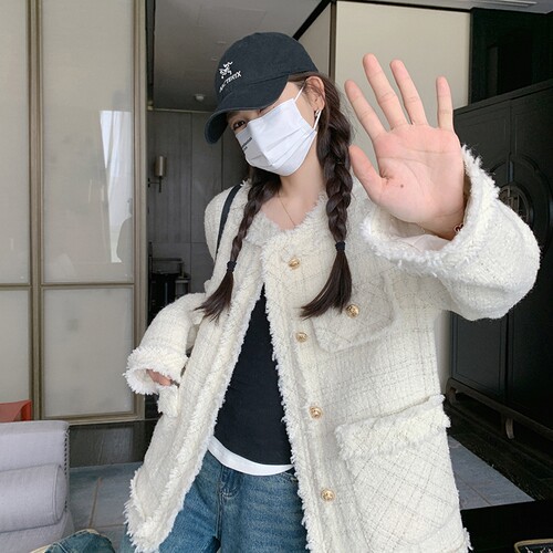 米白色格纹小香风外套女秋季2023新款名媛高级感毛呢大衣短款上衣