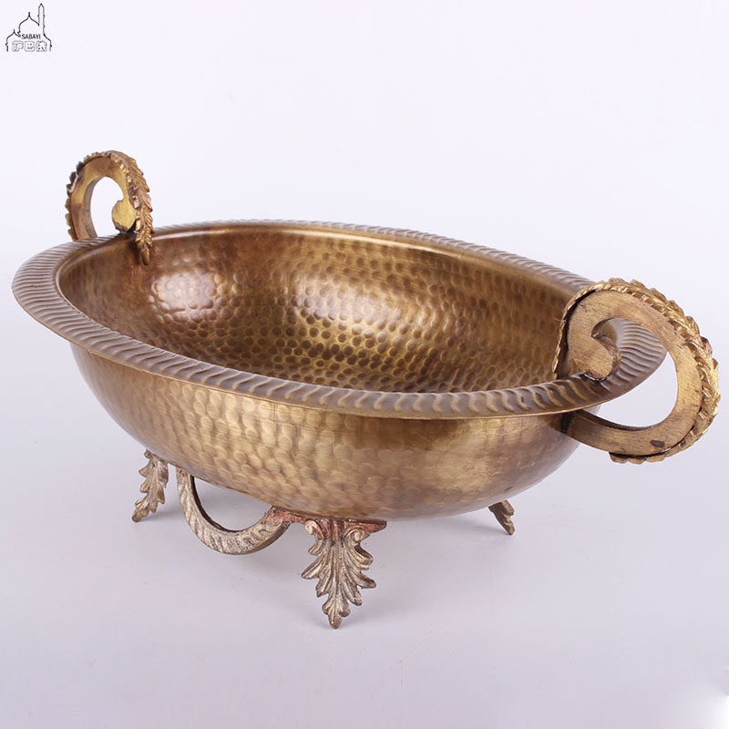 印度铜器餐具仿古手工雕刻双耳铜盘新疆饭店高档黄铜大盘鸡盘子