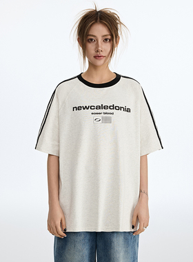 SOSER美式复古撞色拼接字母印花短袖t恤男女潮牌宽松情侣上衣短袖