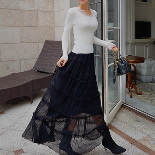 粉红大布娃娃黑色木耳边蛋糕裙女高腰显瘦长款纱裙2026春季新款