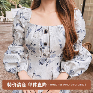 粉红大布娃娃复古宫廷风灯笼袖 裙子 提花收腰连衣裙女春夏新款 法式