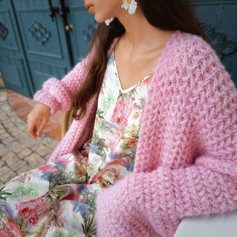 粉红大布娃娃慵懒风宽松大口袋纹理感长款毛衣外套女2025秋季新款