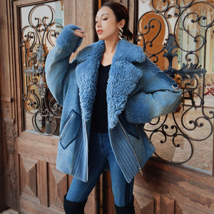 【高定系列】粉红大布娃娃蓝色加厚保暖针织牛仔拼接羽绒派克服女
