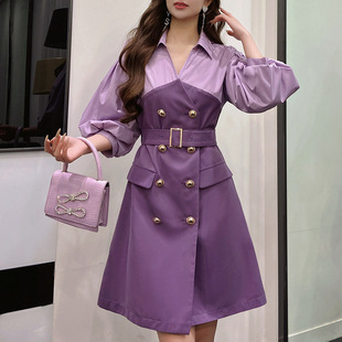 式 粉红大布娃娃2025新款 通勤显瘦小众双排扣衬衫 法式 连衣裙女 秋季