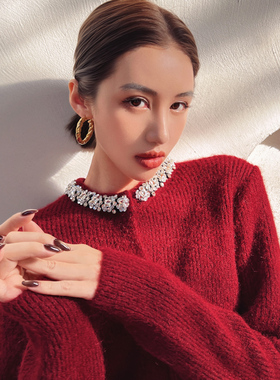 粉红大布娃娃红色轻奢重工领口镶钻订钻扣羊毛针织开衫女毛衣外套