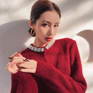 粉红大布娃娃红色轻奢重工领口镶钻订钻扣羊毛针织开衫女毛衣外套