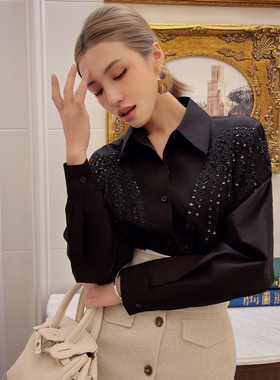 粉红大布娃娃黑色重工钉珠刺绣衬衫女宽松翻领气质上衣2026春新款
