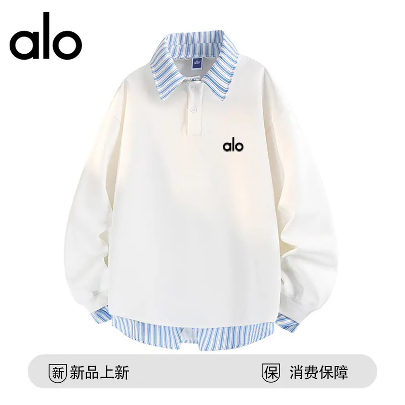 官方奥特莱斯】品牌折扣 秋季条纹衬衫领假两件卫衣男女同款上衣